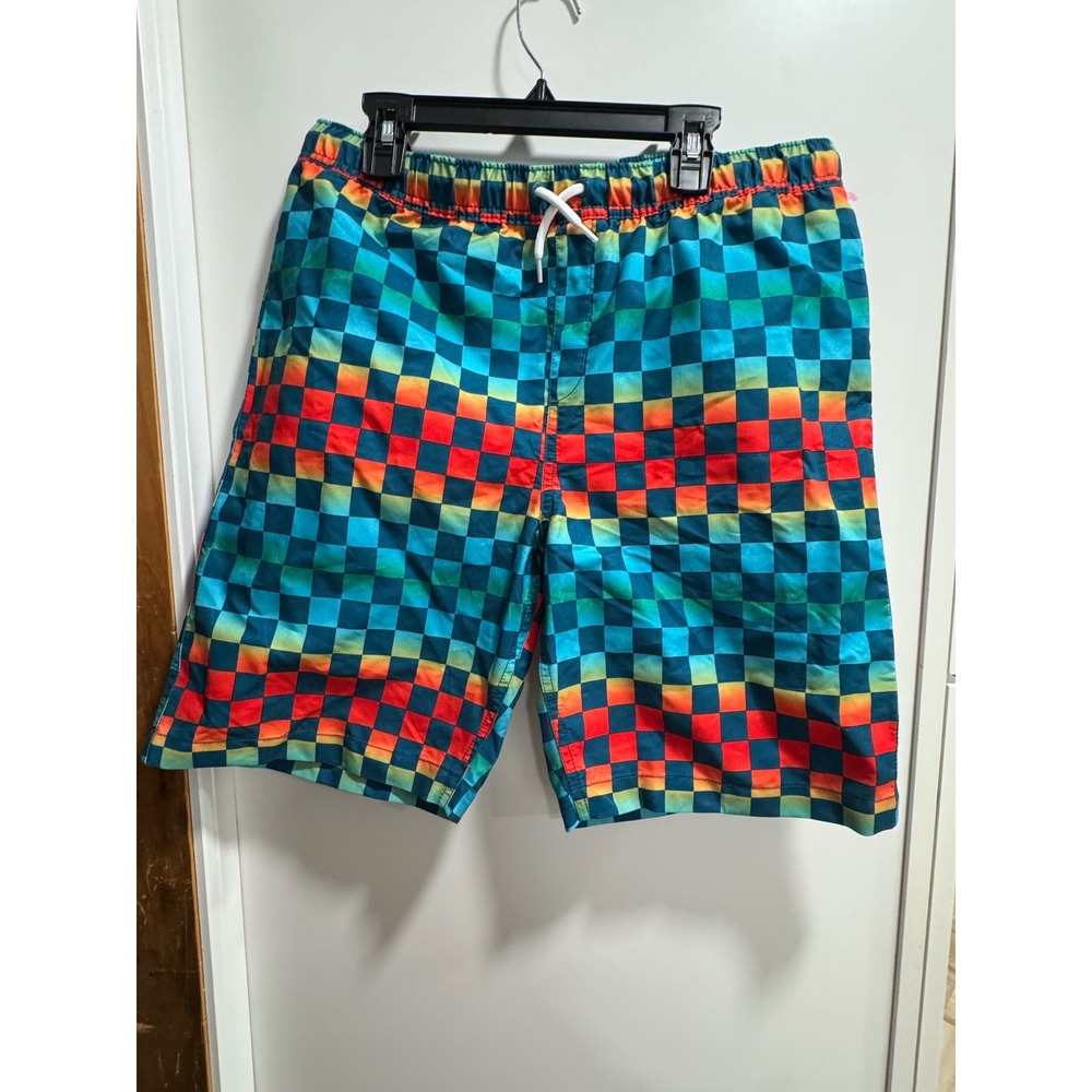 Lands End Boys Rainbow Ombre Checkered Swim Trunks Blue Red Size L 14H-16H
